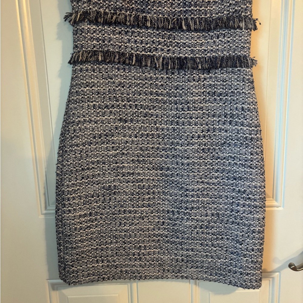 Wedding Guest Ready Sail to Sable Navy & White Tweed Fringe Shift Dress - Picture 4 of 11